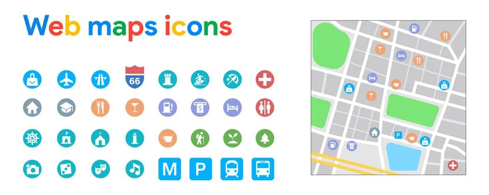 Web Maps Icons Collection. Set of highlights on map in internet. Stock Illustration