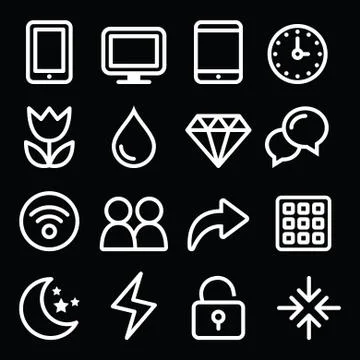 Web menu navigation line white icons set on black Stock Illustration