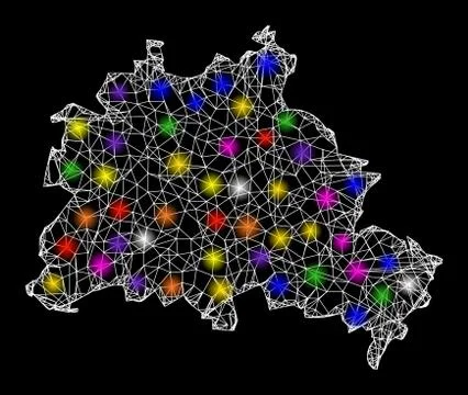 Web Mesh Map of Berlin City with Bright Light Spots Stock Illustration
