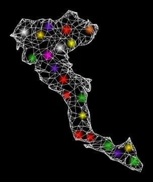 Web Mesh Map of Corfu Island with Bright Light Spots Stock Illustration