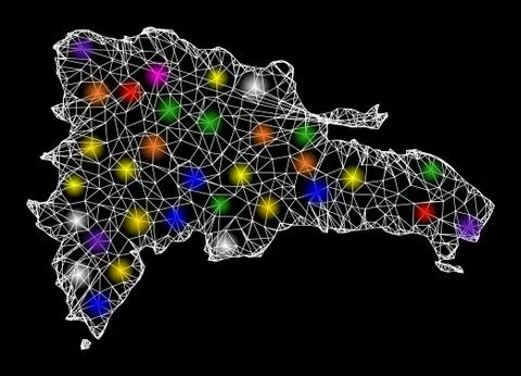 Web Mesh Map of Dominican Republic with Glare Light Spots Stock Illustration
