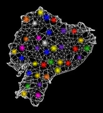 Web Mesh Map of Ecuador with Colorful Light Spots Stock Illustration