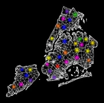 Web Mesh Map of New York City with Colorful Light Spots Stock Illustration