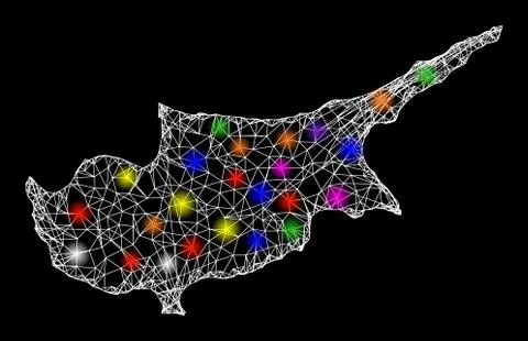 Web Network Map of Cyprus Island with Bright Light Spots Stock Illustration