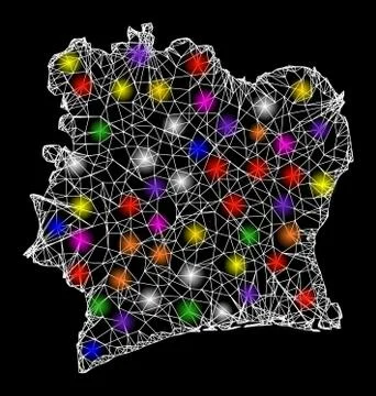 Web Network Map of Ivory Coast with Bright Light Spots Stock Illustration