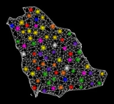 Web Network Map of Saudi Arabia with Colorful Light Spots Stock Illustration
