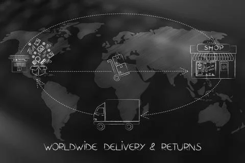 Web order delivered and returned to shop (with world map overlay) Stock Illustration