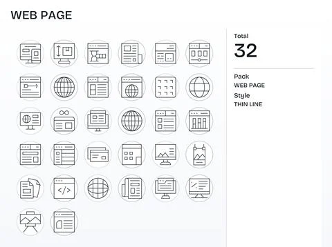 Web Page 64x64 Vector Icon Pack with 32 Thin Line Grid Fitted Elements Stock Illustration