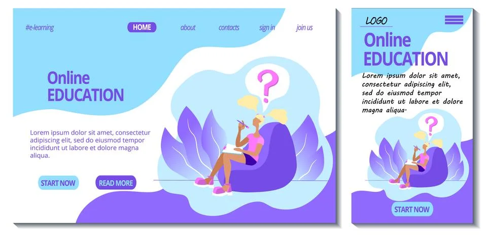 Web page and app mobile design template for e-learning site. Home online Stock Illustration