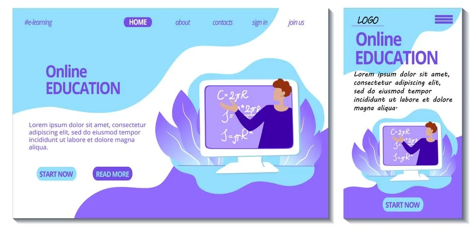 Web page and app mobile design template for e-learning site. Home online Stock Illustration