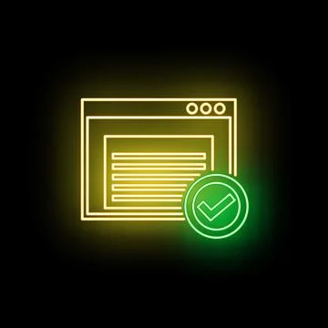 Web page and green check mark icon glowing with neon effect Illustrazione stock
