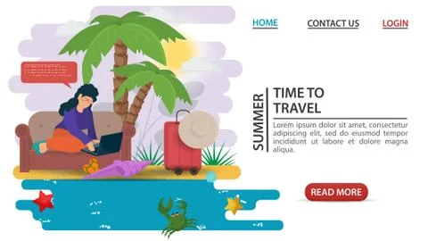 Web page design concept summer vacation a girl with a laptop sitting on a sof Stock Illustration
