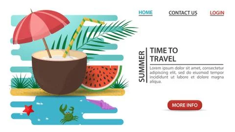 Web page design summer vacation coconut and watermelon slice stand on the san Stock Illustration