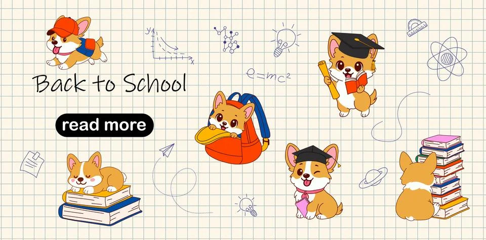 Web page design template. Back to School Corgi Dogs Stock Illustration