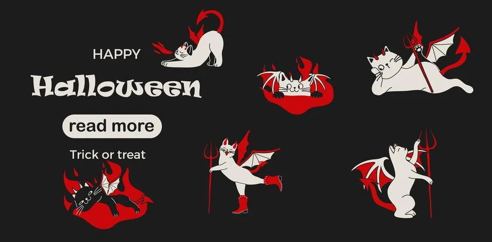 Web page design template. Cartoon devil cats with horns wings tails 库存插图