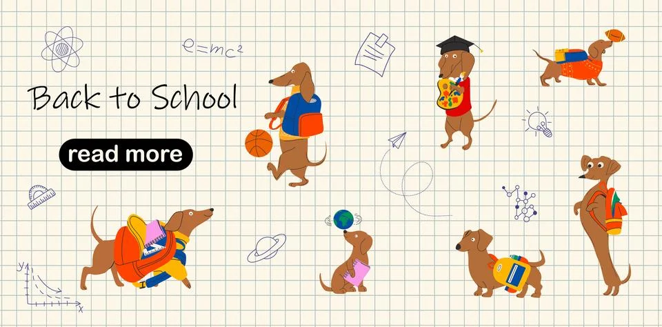 Web page design template. Charming Dachshunds Dressed for School Stock Illustration