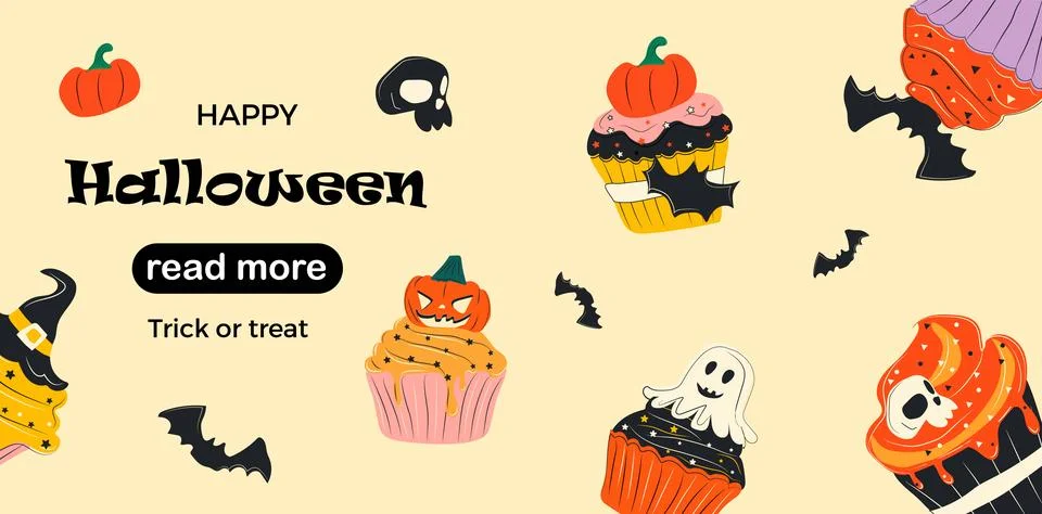 Web page design template. Cute halloween cupcakes cartoon characters. Stock-Illustration