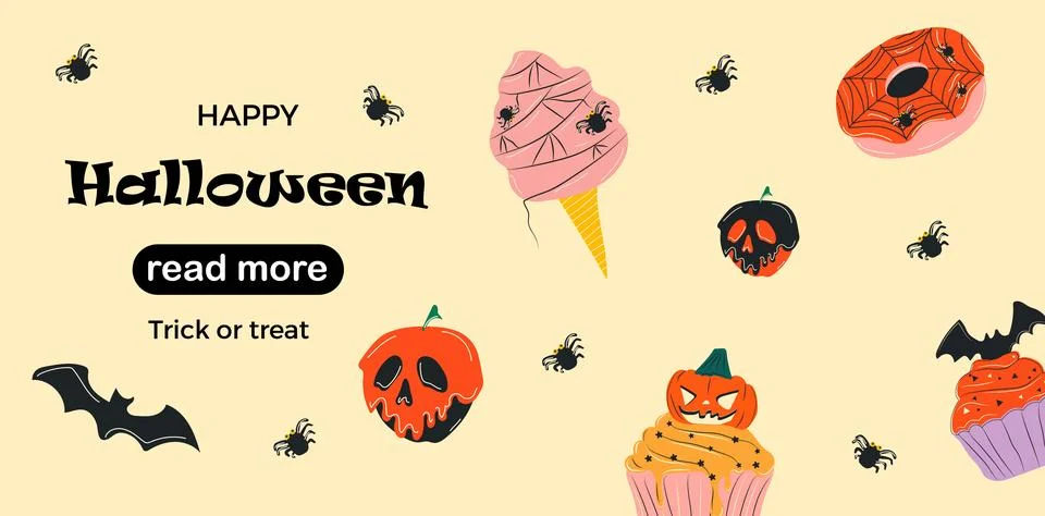 Web page design template. Cute halloween food. Illustrazione stock
