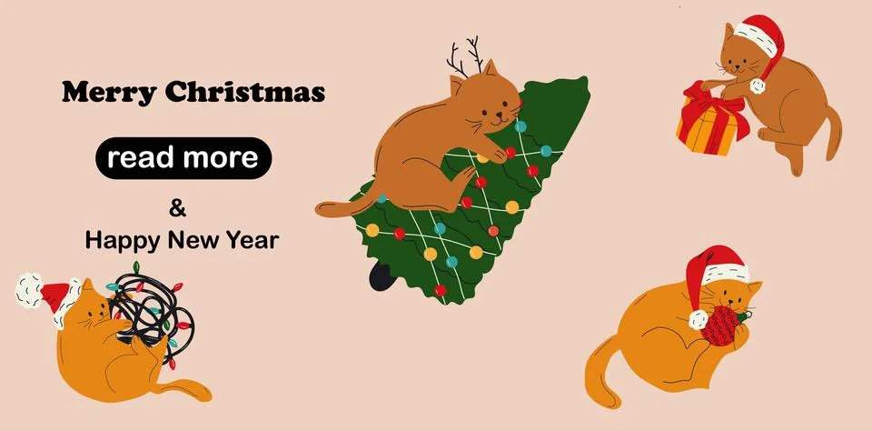 Web page design template. Cute cats with christmas decoration. Stock Illustration