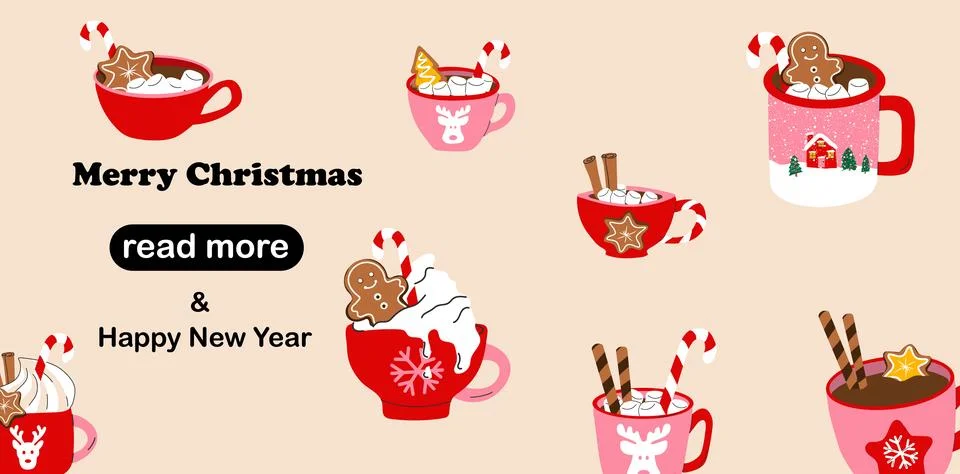Web page design template. Cute holiday mug with a flat cartoon style Illustrazione stock