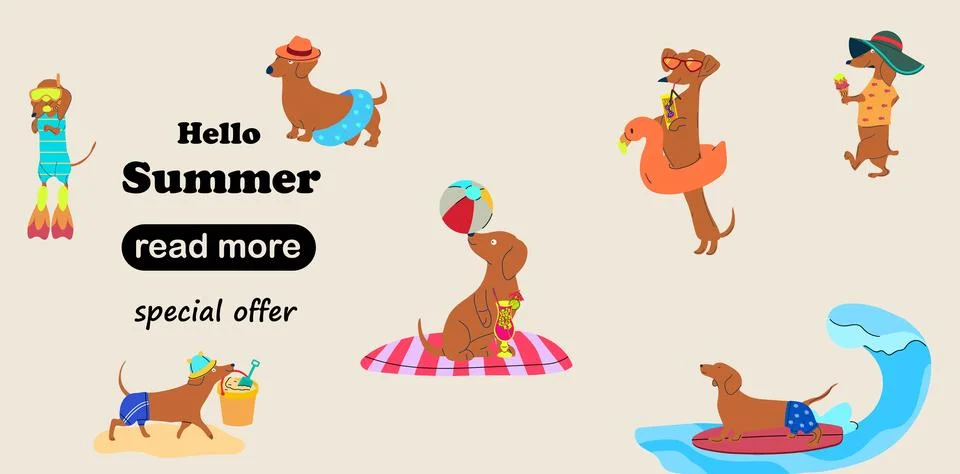 Web page design template. Cute cartoon dachshunds Stock-Illustration