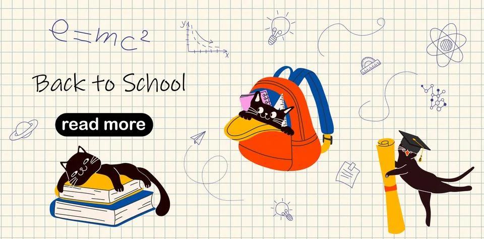 Web page design template. Cute Cats in School with Educational Illustrazione stock
