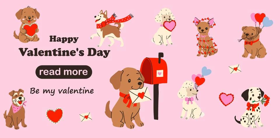 Web page design template. Cute Dogs Valentine Love Illustration Set Illustrazione stock