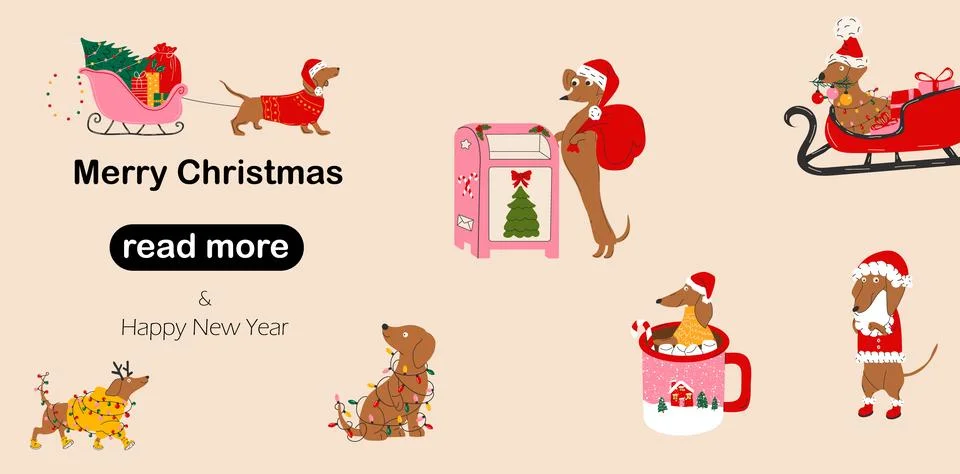 Web page design template. Dachshund dogs with christmas decorations. Illustration