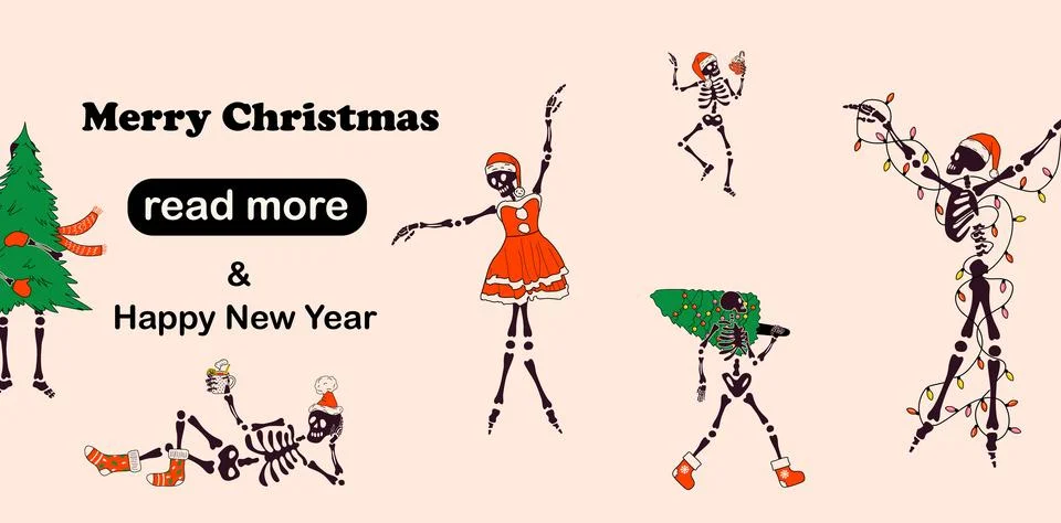 Web page design template. Funny Skeleton with with decoration christmas. Illustration