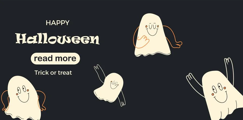 Web page design template. Ghosts with face emotions, hands and legs. Illustrazione stock