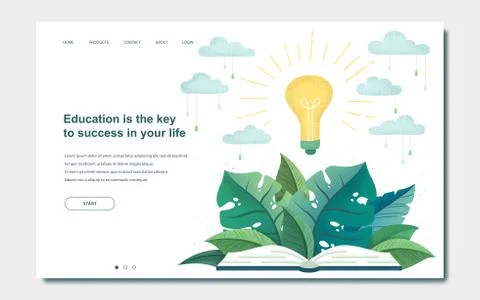 Web page design template with hand drawn open book, tropical leaves, clouds a Stock Illustration