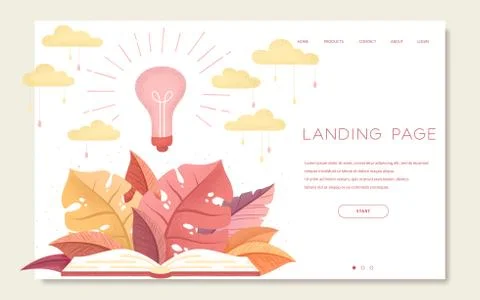 Web page design template with hand drawn open book, tropical leaves, clouds a Stock Illustration