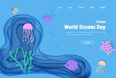 Web page design template in paper cut style underwater ocean cave with fishes Stock Illustration