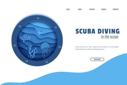 Web page design template in paper cut style underwater ocean underwater view Stock Illustration
