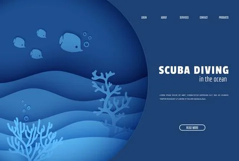 Web page design template in paper cut style underwater ocean underwater view Иллюстрация