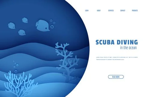 Web page design template in paper cut style underwater ocean underwater view Stock Illustration