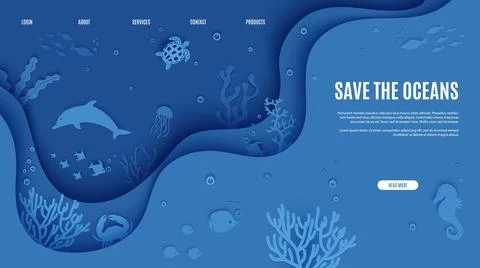 Web page design template in paper cut style underwater ocean underwater view Stock Illustration