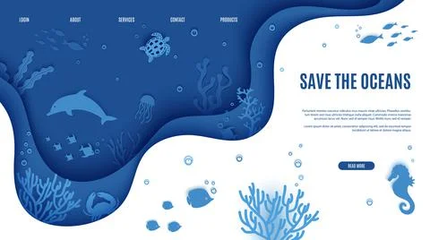 Web page design template in paper cut style underwater ocean underwater view Stock Illustration