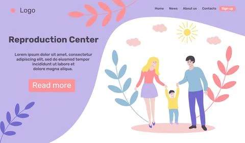 Web page design template for reproduction center. Happy young family on a wal Stock Illustration