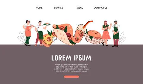 Web page design template for restaurant or cafe with cartoon kitchen staff, v Stock Illustration