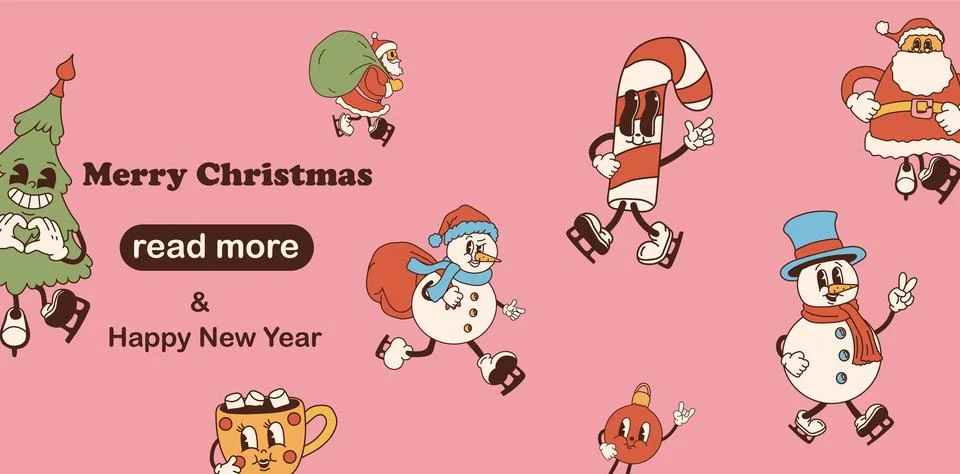 Web page design template. Retro cartoon Christmas character Stock Illustration