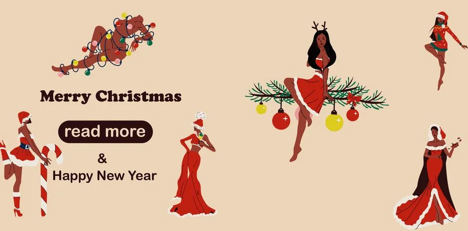 Web page design template. Set of women in Christmas outfits and decorations Stock Illustration