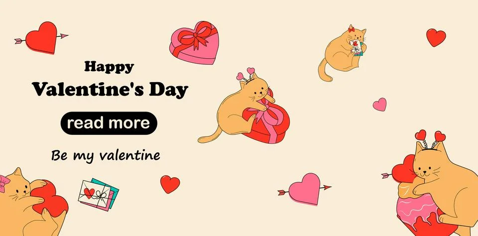 Web page design template. Set of Cute cats with valentines decorations. Stock Illustration