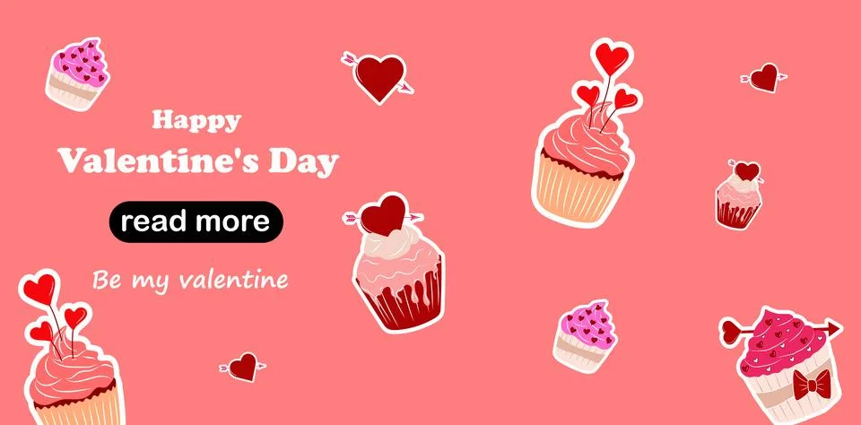 Web page design template. Set of four Valentine's Day cupcakes 스톡 일러스트