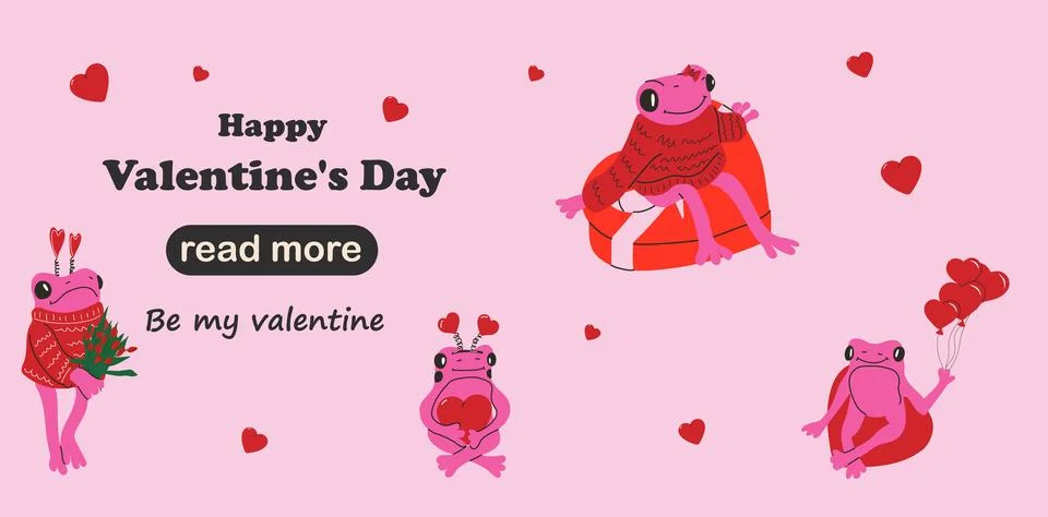 Web page design template. Set of Cute frog with valentines decorations Stock Illustration