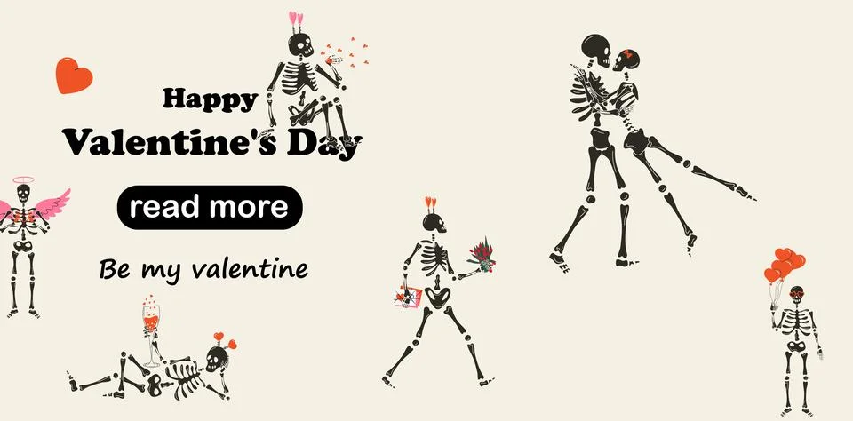 Web page design template. Set of Funny Skeletons with decor for Valentine's day. Illustrazione stock
