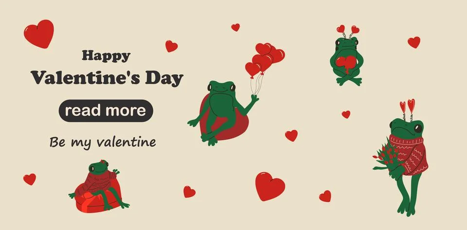 Web page design template. Set of Cute frog with valentines decorations Illustrazione stock