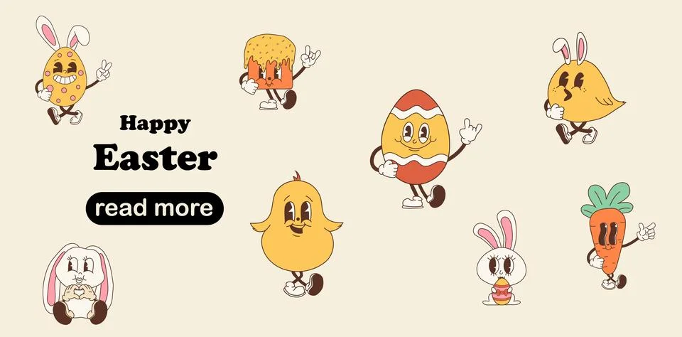 Web page design template. Set of Groovy Cute Easter Characters Illustrazione stock