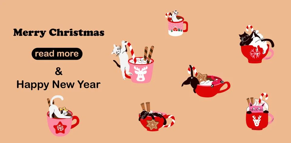 Web page design template. Set of Cozy Cats Drinking Hot Chocolate Illustrazione stock