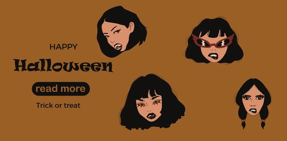 Web page design template. Set of Female Horror Characters Stock Illustration